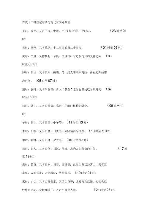 古代十二时辰记时法与现代时间对照表