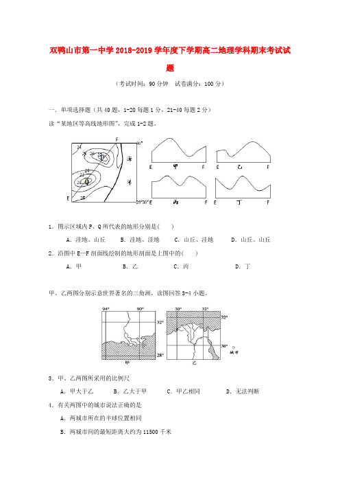 黑龙江省双鸭山市第一中学2018_2019学年高二地理下学期期末考试试题