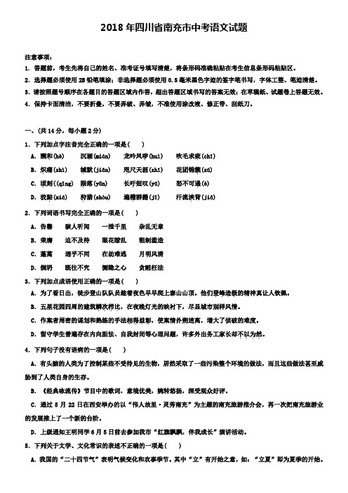2018年四川省南充市语文中考试题含答案+〖中考模拟试题五套〗