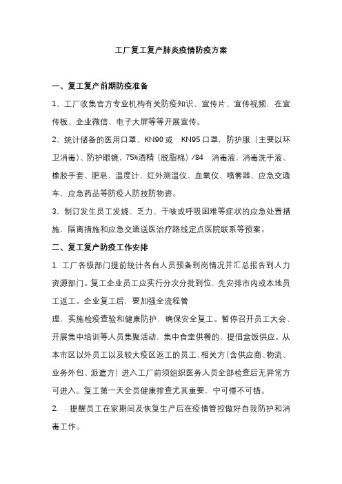 工厂复工复产肺炎疫情防疫方案