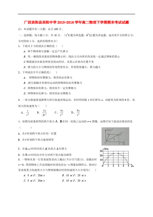 广西宾阳县宾阳中学高二物理下学期期末考试试题
