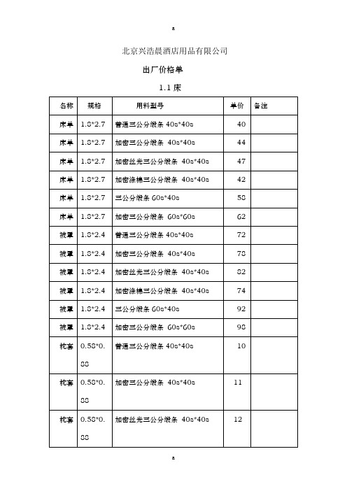 《床上用品报价单》word版