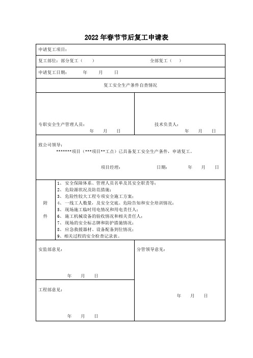 XXX建设项目-节假日项目复工申请表