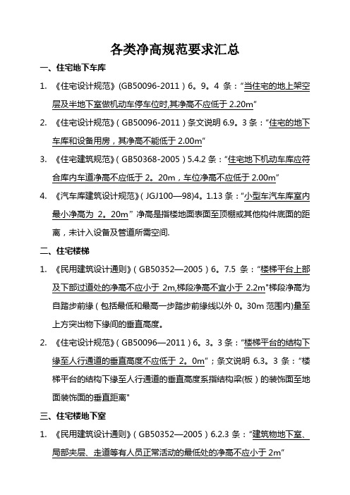 各类净高规范要求汇总