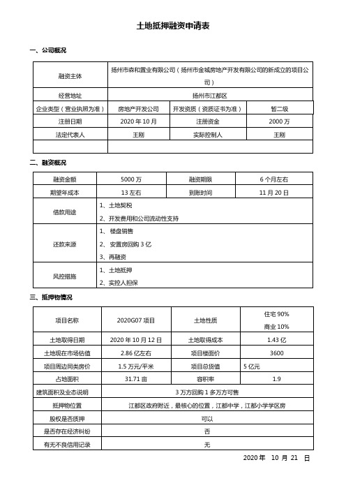 金城置业土地抵押融资申请表5000万