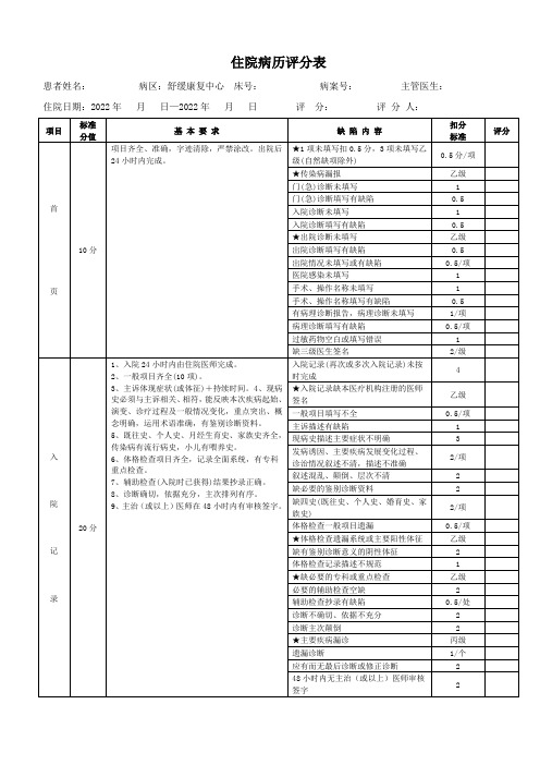 住院病历评分表(国家标准版)