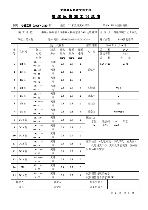 管道压浆施工记录表