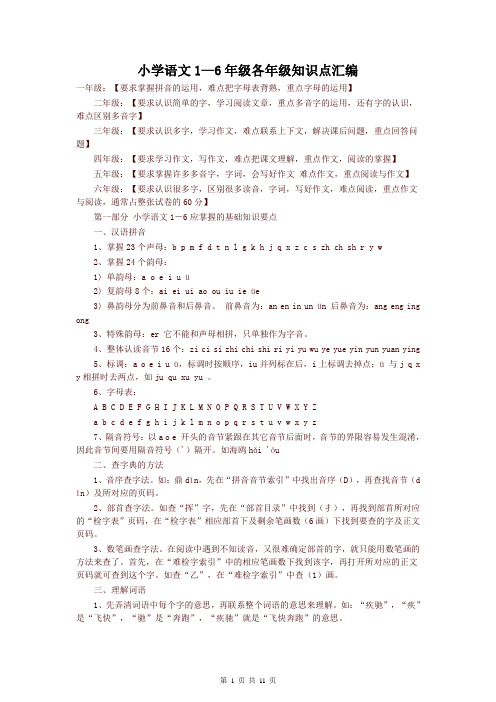【精品】2019小学语文1—6年级各年级知识点汇编