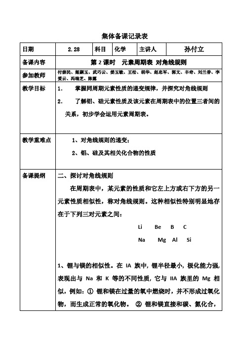 高一化学组2月28日集体备课 元素周期表 对角线规则
