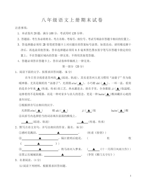 苏教版八年级上学期期末考试语文试卷