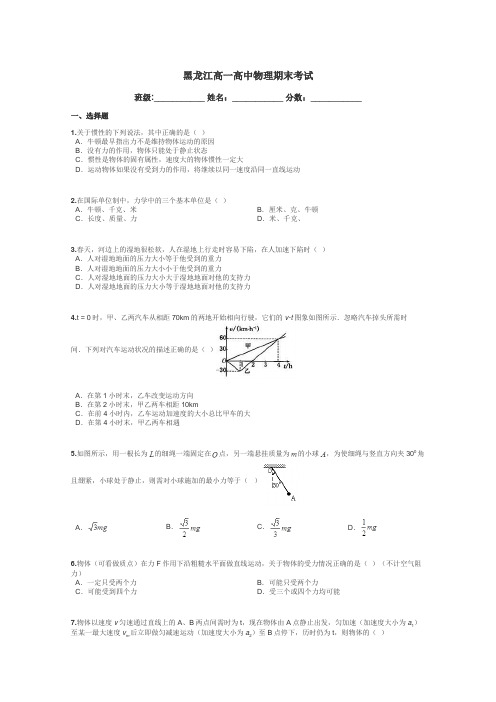 黑龙江高一高中物理期末考试带答案解析
