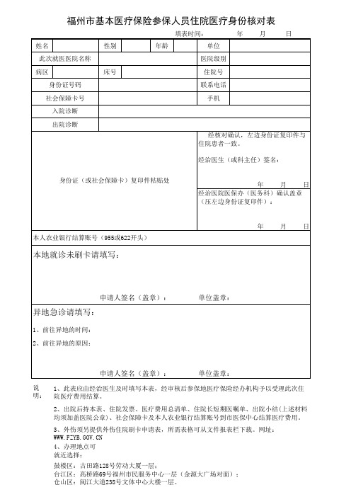 福州市基本医疗保险参保人员住院医疗身份核对表