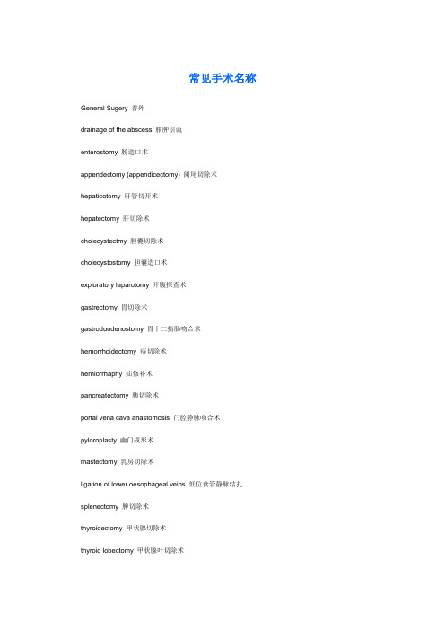 常用手术名称中英对照汇总