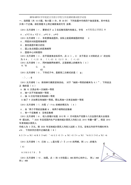 2013年武汉市九年级元月调考数学试卷及答案(word版)