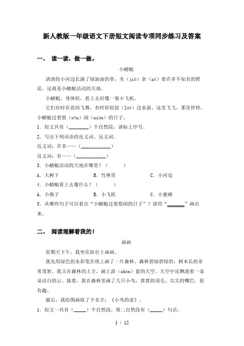 新人教版一年级语文下册短文阅读专项同步练习及答案