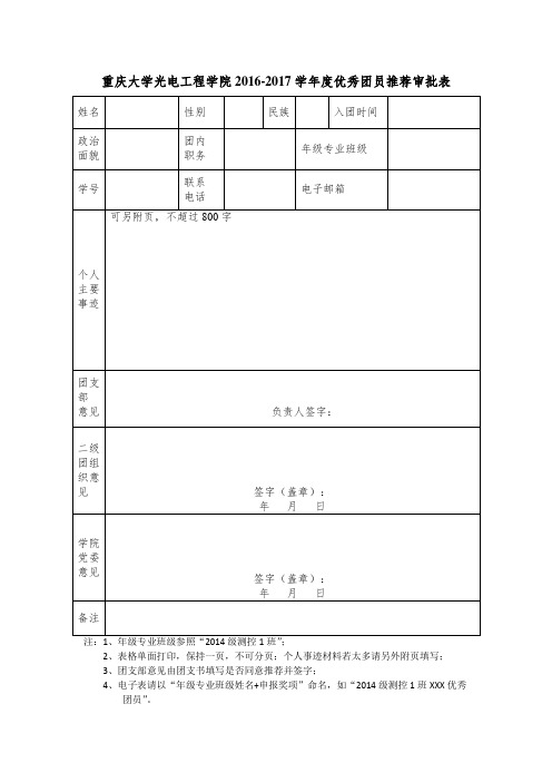 光电工程学院2016-2017学年度优秀团员推荐审批表