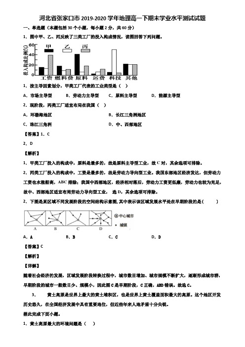 河北省张家口市2019-2020学年地理高一下期末学业水平测试试题含解析