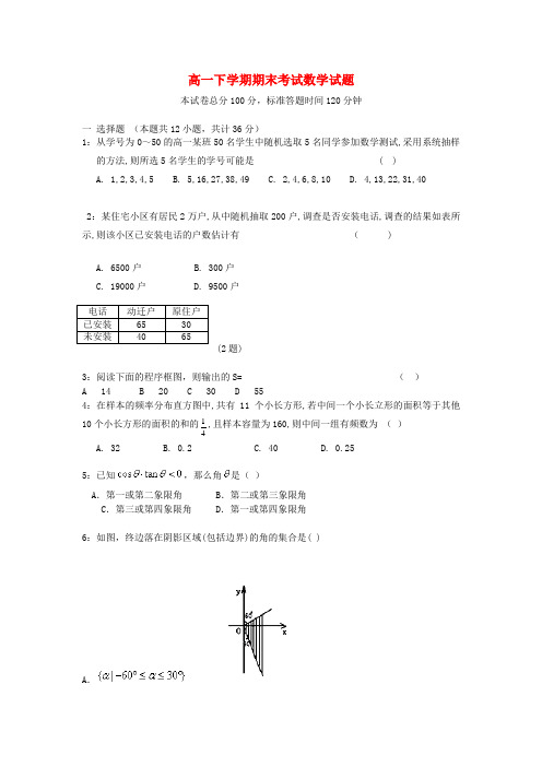 吉林省龙井市三中高一数学下学期期末考试试题(无答案)新人教A版