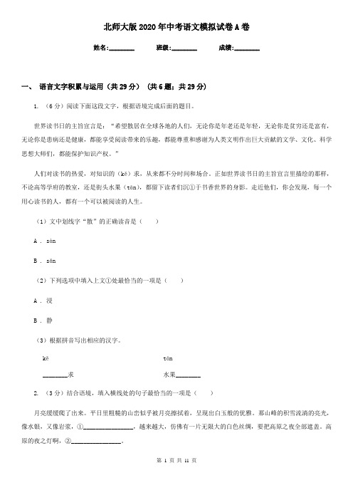 北师大版2020年中考语文模拟试卷A卷