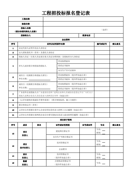 工程招投标报名登记表