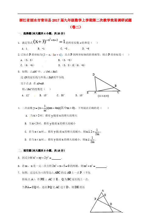 浙江省丽水市青田县九年级数学上学期第二次教学效果调研试题(卷二)