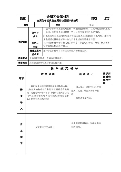 初中化学_第八单元  金属及金属材料教学设计学情分析教材分析课后反思