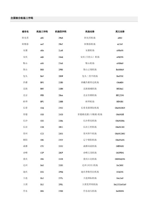 全国部分机场三字码