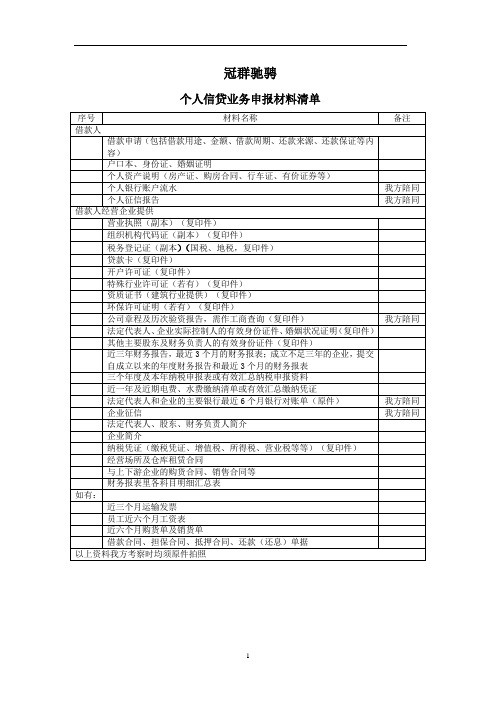 信贷业务材料清单