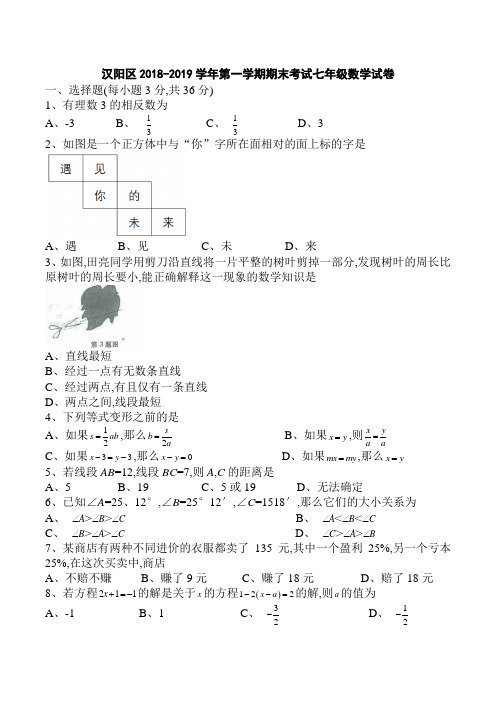 湖北省武汉市汉阳区2018-2019学年七年级(上)期末数学试卷(含答案)