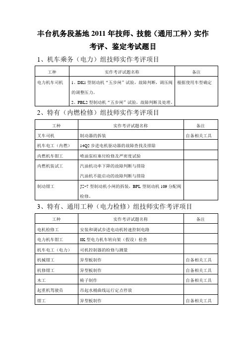 丰台机务段基地：2011年技师、技能(通用工种)实作考试题目