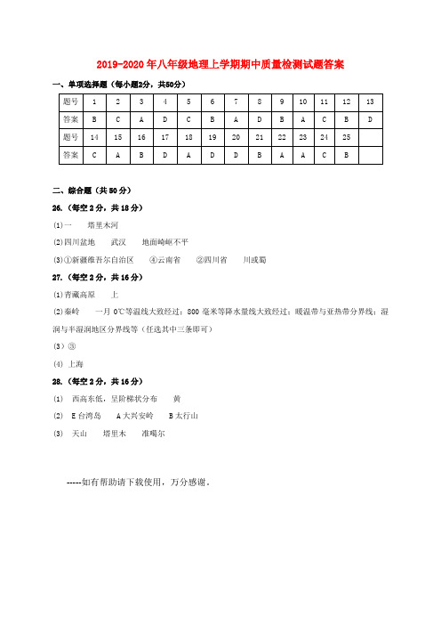 2019-2020年八年级地理上学期期中质量检测试题答案