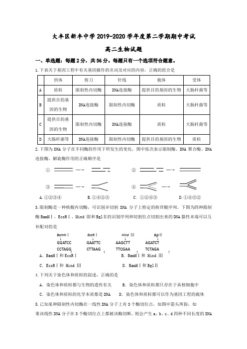 江苏省盐城市大丰区新丰中学2019-2020学年高二下学期期中考试生物试题 Word版含答案
