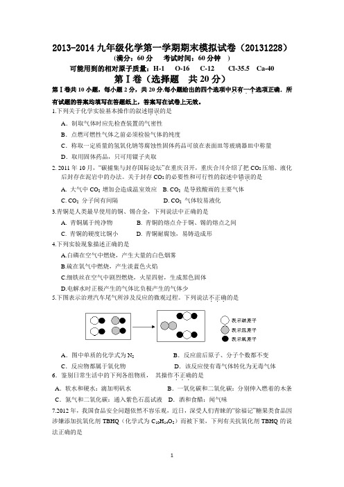 2013-2014南通市海安县九年级化学第一学期期末试卷(含答题纸、答案)