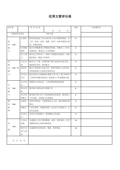 优秀主管评分表