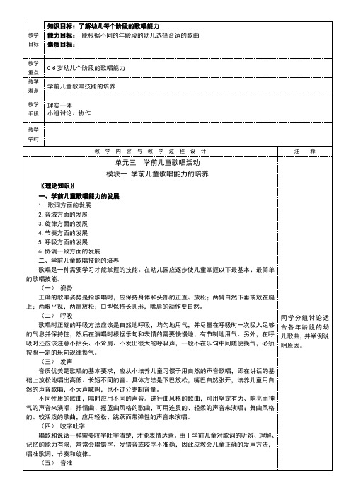 单元三  学前儿童歌唱活动 《学前儿童艺术教育(音乐分册)》教案