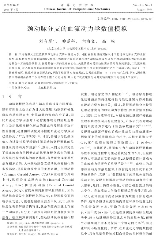 颈动脉分支的血流动力学数值模拟