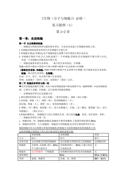 生物必修一复习提纲第1~2章