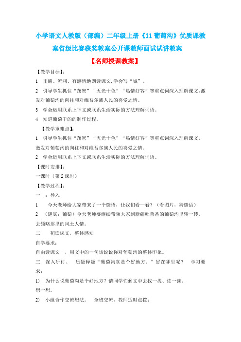 小学语文人教版(部编)二年级上册《11葡萄沟》优质课教案省级比赛获奖教案公开课教师面试试讲教案n009