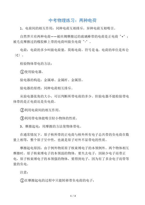 中考物理练习：两种电荷