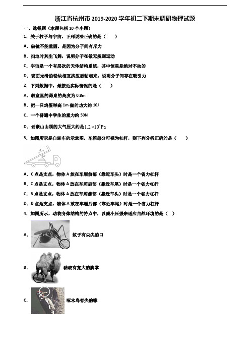 浙江省杭州市2019-2020学年初二下期末调研物理试题含解析