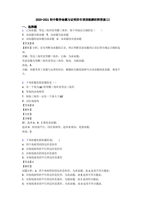 2020-2021初中数学命题与证明的专项训练解析附答案(1)