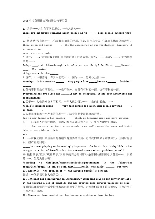 2016中考英语作文万能开头句子汇总