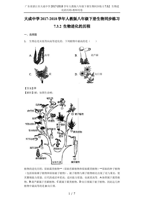广东省湛江市大成中学2017-2018学年人教版八年级下册生物同步练习7.3.2 生物进化的历程-教