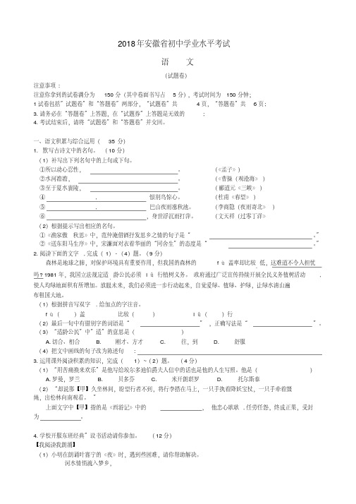 安徽省2018年中考语文试题(含答案)(20200420022117)