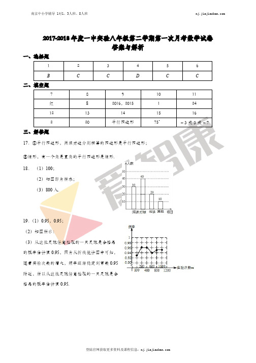 【一中】2017-2018学年第二学期初二数学第一次月考试卷解析