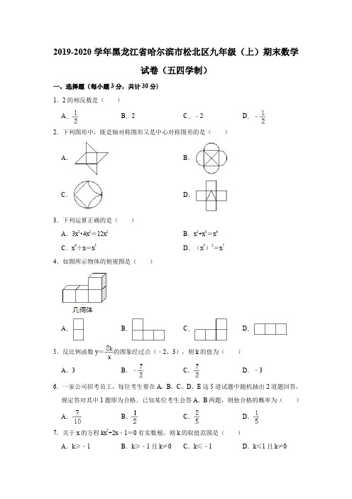 2019-2020学年黑龙江省哈尔滨市松北区九年级(上)期末数学试卷(五四学制)(解析版)