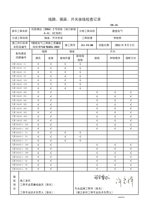 线路、插座、开关接线检查记录