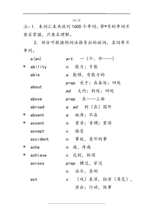 河北英语中考考试说明词汇