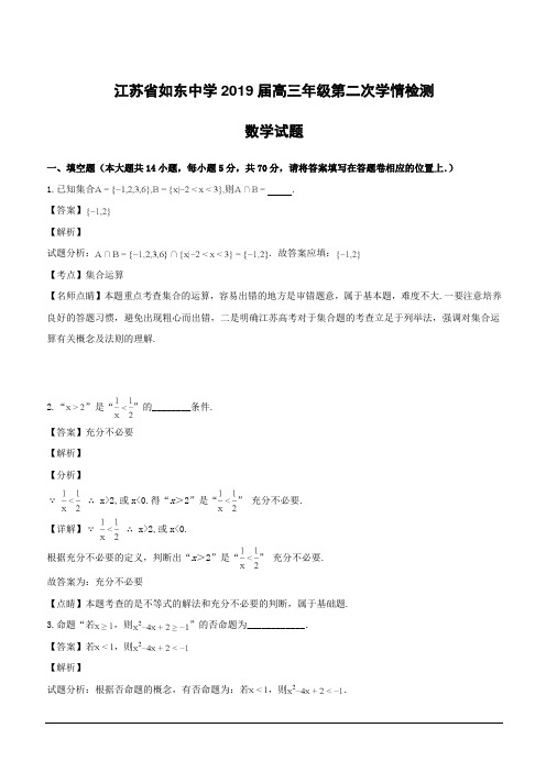江苏省如东中学2019届高三第二次学情测试数学试题(附解析)