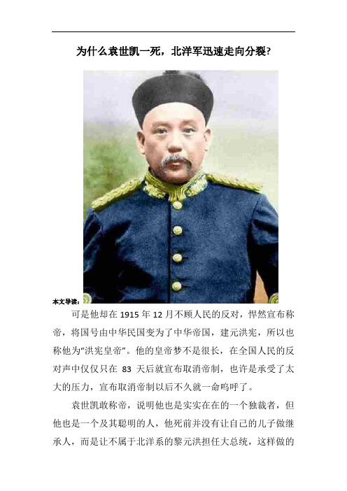 为什么袁世凯一死,北洋军迅速走向分裂-